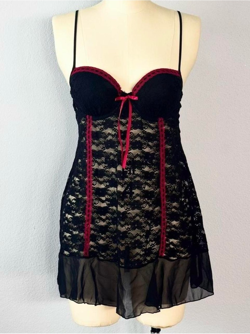 Linea Donatella Black Red Lace Babydoll